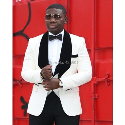 Latest Coat Pant Designs 2020 Black Velvet Shawl Lapel Wedding Groom Men Suit White Jacket 3 Piece Groomsmen Formal Wedding Suit