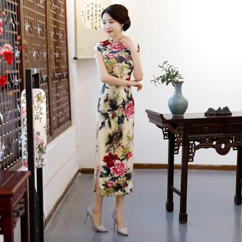 2020 New Style Stand Collar Slim Cheongsam Long Diagonal Buckle Cheongsam Rich and Peony Print Qipao Chinese Traditional Dress