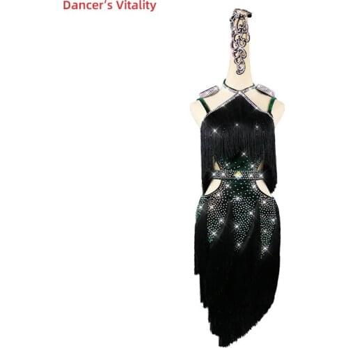 Latin Dance Dress Velvet Tassel Long Skirt Performance Clothes High-End Custom Child Woman Diamond-Studded Competition Clothing