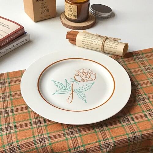 Simple Retro French Plate Creative Rose Hand-Painted Ceramic Plates Dessert Picnic Salad Saucer Green Tableware Dishes Decor