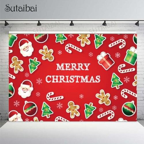 Merry Christmas Backdrop Santa Claus Gingerbread Man Xmas Tree Snowflake Red Photography Background Child Famliy Portrait Decor