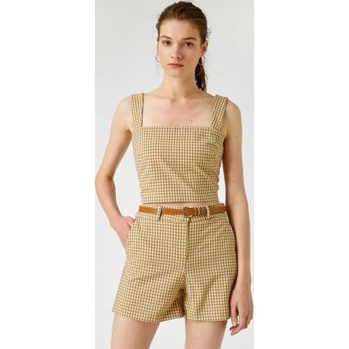 Tan Color Crop Athlete Checkered and Shorts With Belt Womens Summer Holiday Sets Elegance Safari Style Fashion