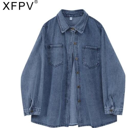 XFPV 2021 Autumn Spring New Fashion Womens Loose Casual Long Sleeve Pocket Single Breasted Denim Shirt Solid SM550