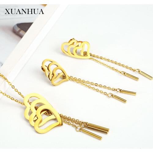 XUANHUA Stainless steel Jewelry Woman Charm Asymmetry Heart-shaped Necklace Earrings set Fashion Fine Jewelry sets Accessories