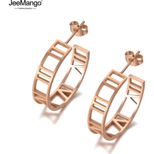 JeeMango Vintage 316L Stainless Steel Semicircle Roman Numeral Wedding Earrings For Women Geometric CZ Crystl Earrings JE20094