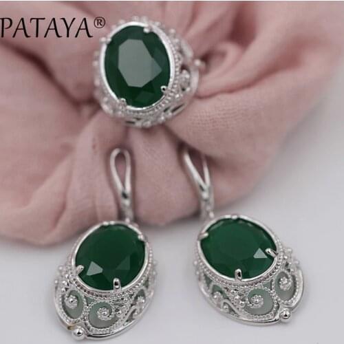 PATAYA Women Wedding True White Gold Fine Jewelry Set Green Big Natural Zirconia Hollow Earrings Ring Sets Trendy India Jewelry