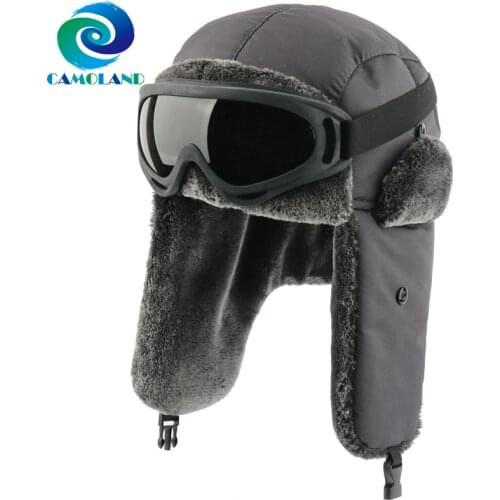 CAMOLAND Winter Warm Bomber Hats With Goggles Women Men Thermal Faux Fur Earflap Caps Outdoor Waterproof Snop Skiing Cap