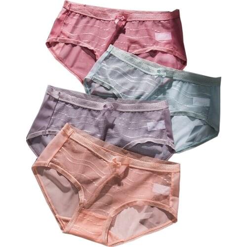 ZJX 4Pcs/set Sexy Women Panties Seamless Cute Bow Girls Underwear Lace Low-Rise Briefs Cotton Crotch Transparent Lingerie