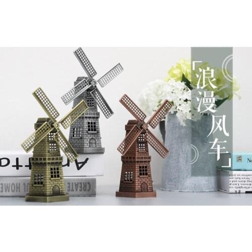 1PC Retro Style Windmill Metal Model Holland Windmill Craft Gift Manual Rotation Home Decorations Desktop Gift JL 266