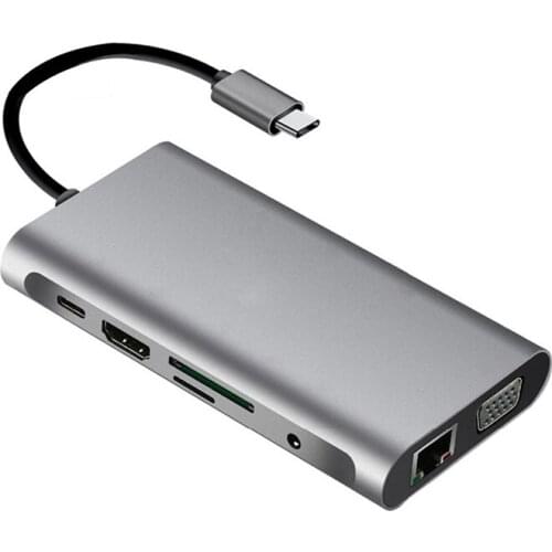 10 in 1 USb Type C HUB Splitter to 4K HDMI-Compatible VGA RJ45 PD USB 3.0 SD TF Card Reader Dock Station for