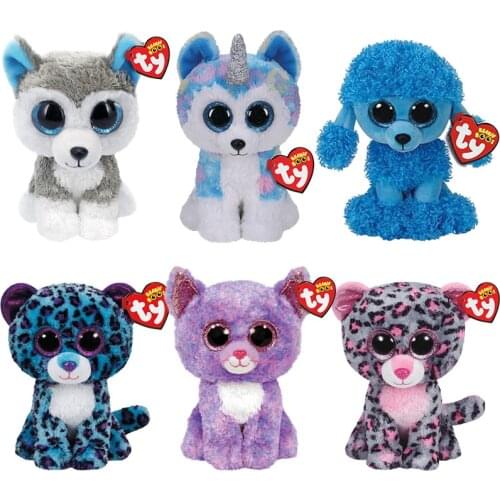 15 CM Ty Beanie Big Eyes Siberian Husky Poodle Dog Leopard Cat Series Cute Plush Toys Stuffed Animal Doll Boy Girl Birthday Gift