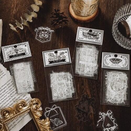 20 PCS PET Transparent Waterproof Black White Decorative Stickers for Scrapbooking Planners Gift Packing Album Arts DIY Craft