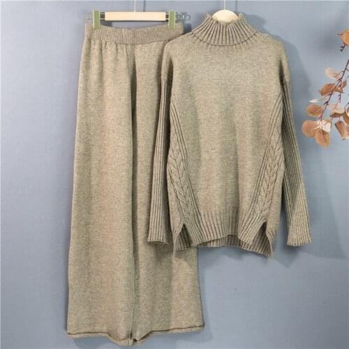 2020Ladies Autumn and Winter New Warm Knitted Turtleneck Sweater Wide Leg High Waist Pants Casual Suit