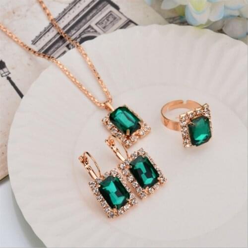 3pcs/set Fashion Gold Color Jewelry Sets For Women Red Blue Green Crystal Pendant Necklace Drop Earrings Ring Party Jewelry