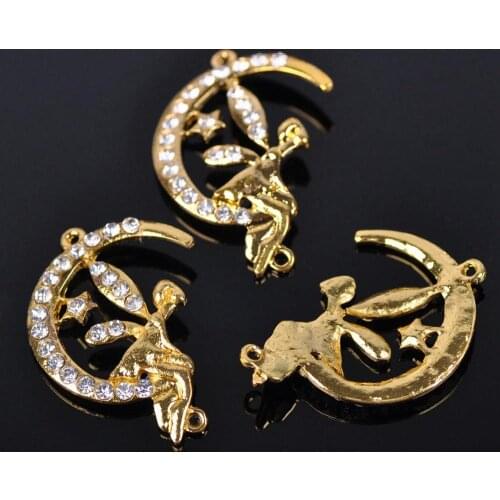 5pcs 40mm x 25mm Moon Elf Shape Gold Plated with Crystal Rhinestones Paved Charms Connectors for Jewelry Making DIY Crafts