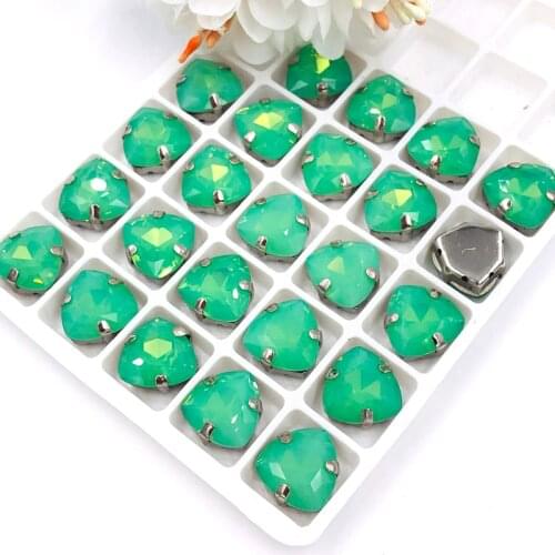 Free shipping 12mm Fat Triangle shape Protein green High quality Glass Crystal sew on rhinestones diy/clothing accessories