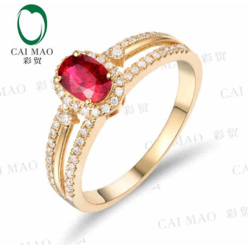 CaiMao 18KT/750 Yellow Gold 0.70 ct Natural Red Blood Ruby & 0.26 ct Round Cut Diamond Engagement Gemstone Ring Jewelry