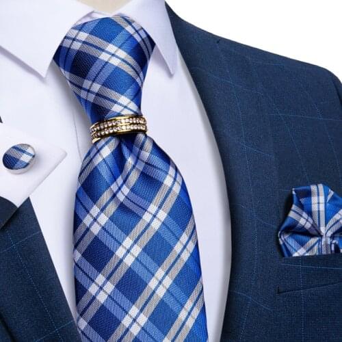 8cm Blue Plaid Ties For Men Wedding Party Neck Tie Handkerchief Rhinestone Tie Ring 100% Silk Mens Ties Gift For Men