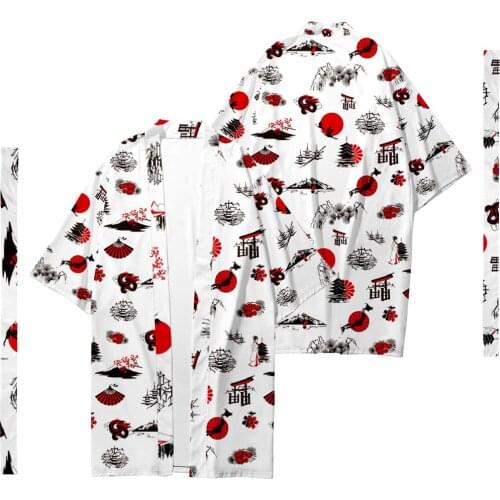Japanese Style Printed Long Style Kimono Cardigan With Belt Couple Women Men Casual Asian Clothes Harajuku