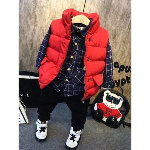 2 3 4 5 6 Years Toddler Boys Clothing Sets Winter Down Vest Thicken Plaid Shirt Plus Velvet Pants Kids Tracksuit High Quality