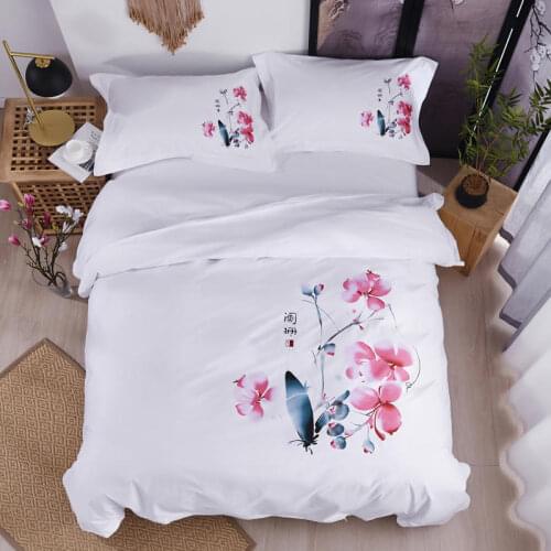 Pastoral Ink Painting Butterfly Flowers White Bedding Set Cotton Solid Color Hotel Quilt/Duvet Cover Bedlinen Sheet Pillowcases
