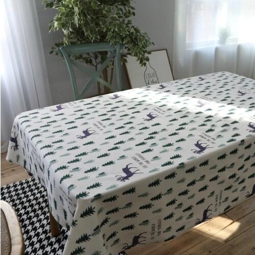 Korean Style Cotton and Linen Green Tree and Deer Cute Table Cloth Photo Background Dining Table Cover Decoration
