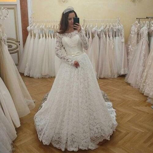 Long Sleeve Lace Wedding Dresses for Bride Scoop Neck V Back A Line Bridal Gowns vestido de noiva
