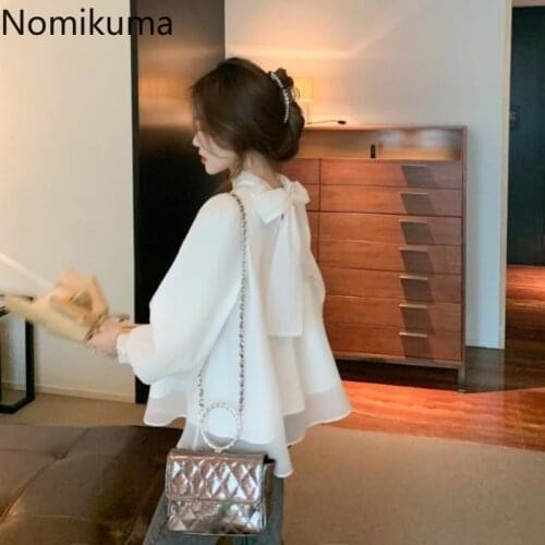 Nomikuma Sweet Bow Tie Women Blouse Chiffon Lantern Sleeve 2021 Spring New Doll Shirt Causal Korean Blusas Mujer De Moda 6G603