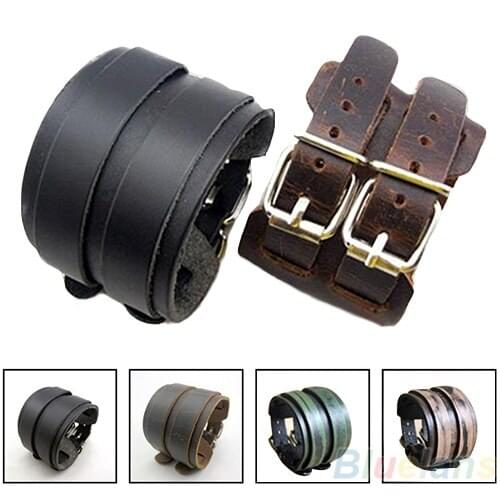 Fashion 2 Layer Punk Belt Men Genuine Cow Leather Bracelets & Bangles Wristband Cuff A3NY