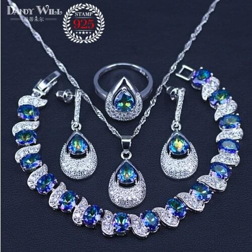 Mystic Rainbow Cubic Zirconia White CZ silver color Jewelry Sets For Women Party Necklace/Earrings/Pendant/Ring/Bracelet