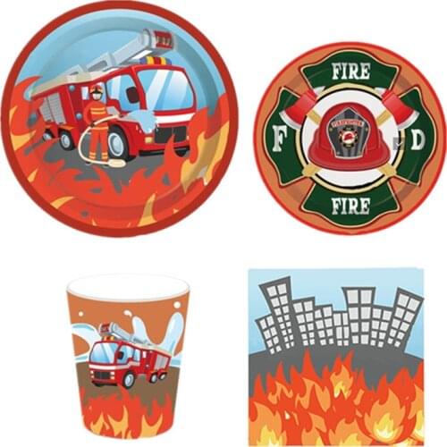 Fireman Disposable Tableware Set Kids Birthday Party Paper Cup Plate Napkin Fire Truck Boy Baby Shower Party Decor Supplies