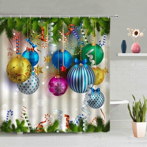 Christmas Shower Curtain Set Christmas Tree Gift Box Party Background Decor Poster Bathroom Bathtub Screen Washable With Hooks
