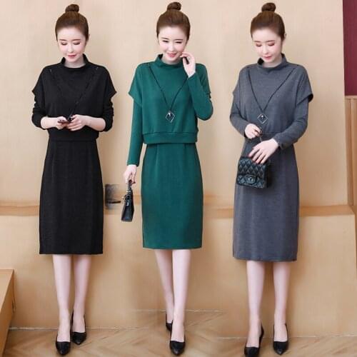 Autumn winter womens dress 2020 new large size autumn fashion elegant temperament knitted two-piece suit A844
