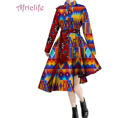 African Shirt Dress Women 2021 Long Sleeve Plus Size with Belt African Women Clothing African Wax Cotton Irregular Skirt WY6357