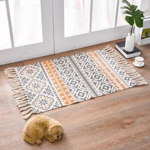 Retro Bohemian Hand Woven Cotton Linen Carpet Rug Bedside Rug Geometric Floor Mat Living Room Bedroom Carpet Home Decor
