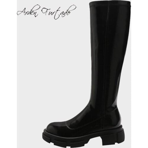 Arden Furtado Winter Fashion Womens Shoes Sexy Chunky Heels Block Heels Round Toe Knee High Boots shiny leather boots 40