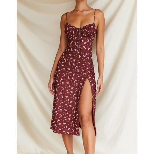 VAZN 2021 Top Quality Retro Print Young Sexy Chiffon Sweet Spaghetti Strap Sleeveless Long Dress Joker Women Midi Dress