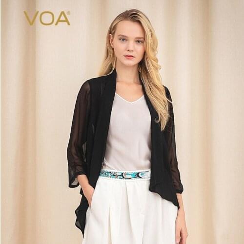 VOA Silk Pleated Three-quarter Sleeves Dovetail Double-layer Mulberry Silk Coat Sunscreen Clothes Air-conditioning Shirt B0017