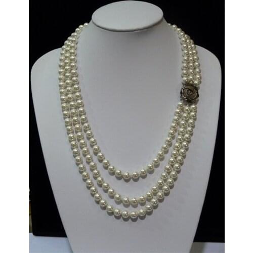 Woman jewelry 3 rows necklace 8mm white Natural South Sea Shell Pearl AAA Round Bead flower clasp Necklaces 18'' 45cm