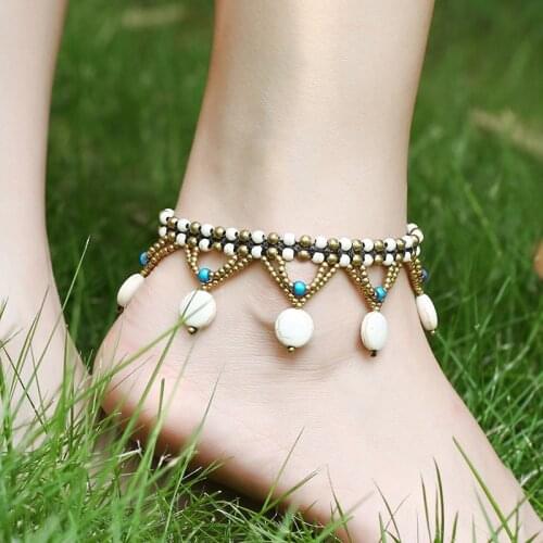Bohemian Turquoise Round Cake Beach Womens Anklets Hand-woven Shoes and Clothing Accessories Elegant Ladies' Foot Accessories
