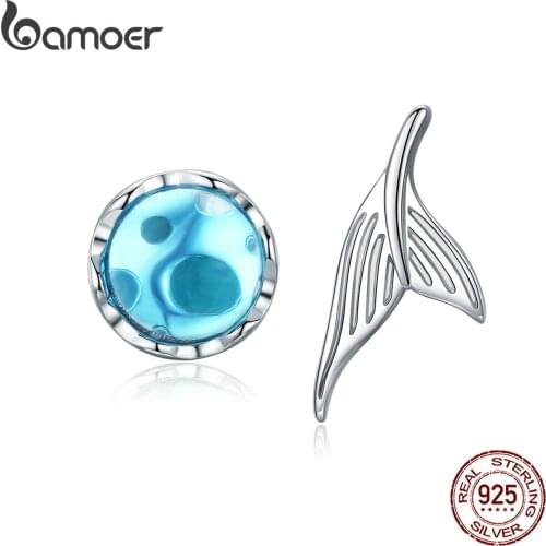 BAMOER Mermaid Stud Earrings for Women 925 Sterling Silver Sea Blue Fish Tail Crystal Earring 2019 Girl Gifts Brincos SCE630