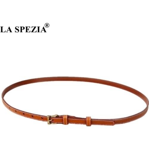 LA SPEZIA Thin Belt Women Real Leather Cowhide Pin Belt Ladies Camel Classic Genuine Leather Brand Female Narrow Jeans Belts
