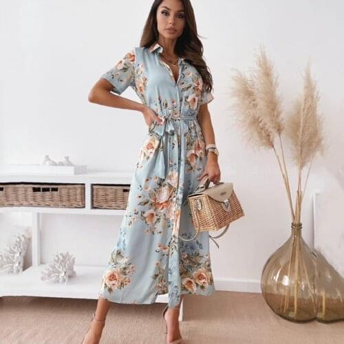 2021 Summer New Short Sleeve V Neck Button Bohemian Shirt Dress Women Fashion Sexy Floral Print High Split With Belt Midi Dress