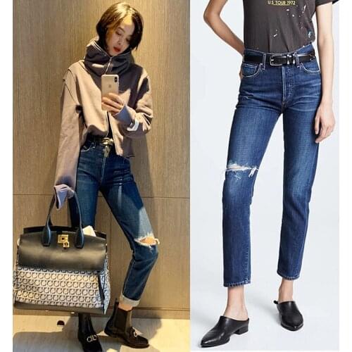 2021 Fashion Popular Jeans Star The Same Womens Hole Deep Blue Jeans High Waist Capris