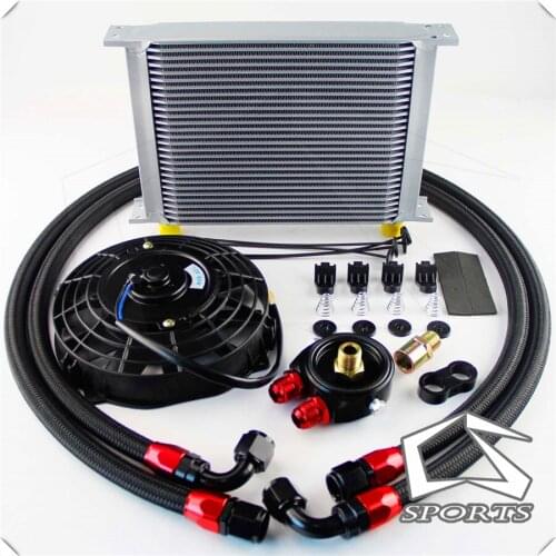 28 Row 10AN Racing Oil Cooler w/ Filter Adapter Fuel Hose + 7" Electric Fan Kit