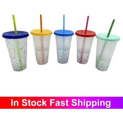 700ml/24oz Color Changing Cold Cups Reusable Plastic Tumbler with Lid and Straw Creative Straw Cup Portable Sequin Glitter Cup