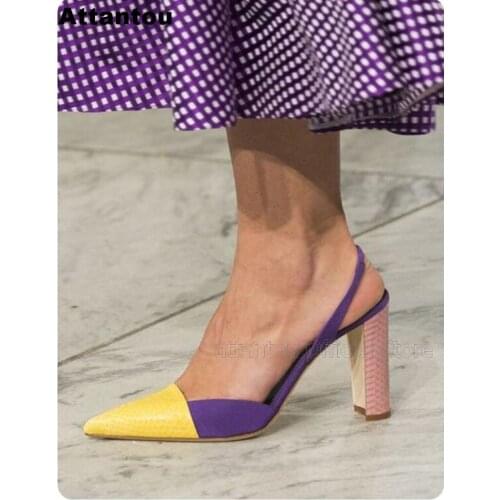 Fashion mixed color Woman high heel sandal concise designer buckle yellow purple suede pointed toe Sexy Pumps thick heel shoes