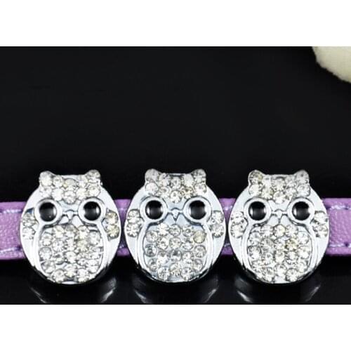 Silver Full Rhinestone Black Eye Cute Chubby Owl 8mm Crystal Slide Charms Beads For 8mm Bracelets Key Chains Pet Collar