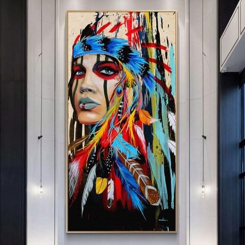 Colorful Feather Indian Woman Canvas Paintings on the Wall Art Posters and Prints Woman Portrait Wall Pictures Home Decoration