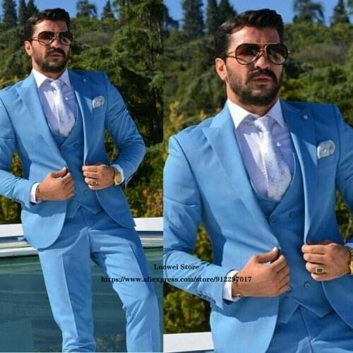 Mens Slim Fit Suits Fashion Casual Blue 3 Piece Sets Groom Tuxedo Business Blazer Costume Ensembles Homme (Jacket+Vest+Pants)